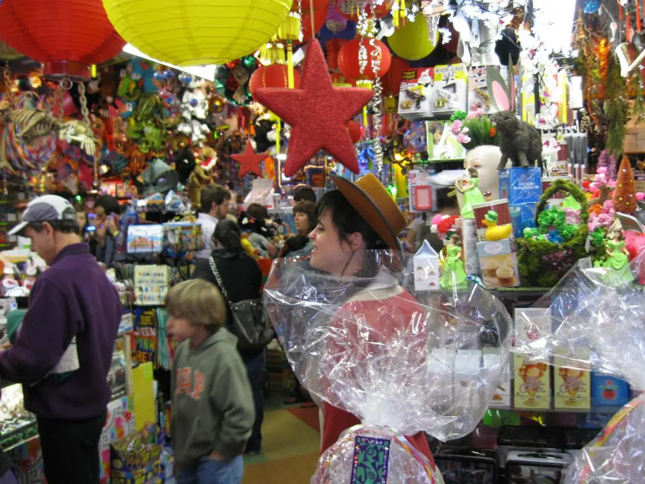 In this image we can see there is a stall, there are so many toys and other objects are arranged,...