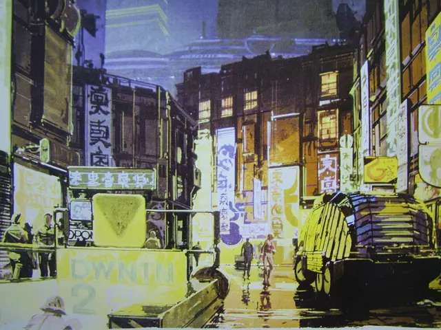 This image is an edited image. In the middle there are people, vehicles, buildings, posters, text,...