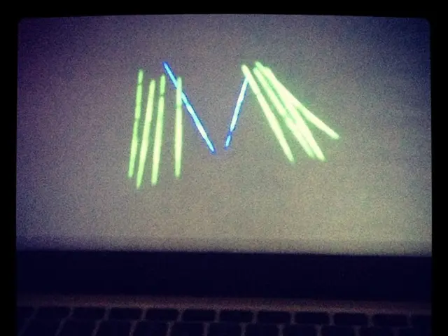 In the picture we can see a laptop opened, on the screen of the laptop we can see some green...