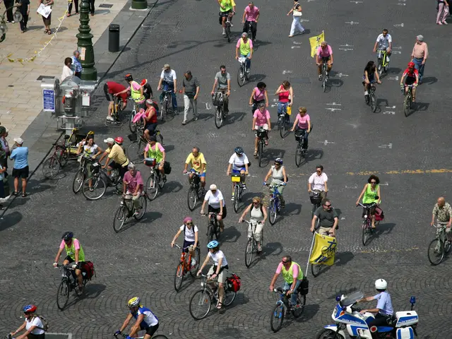 In this image, we can see some people riding their bicycles and we can see some poles. There is a...