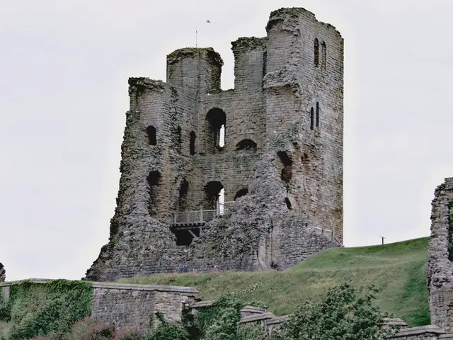 In this picture we can see a fort, in front of the fort we can find grass and few trees.