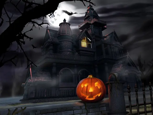 In this picture we can see a pumpkin on the wall, beside this wall we can see a fence, here we can...