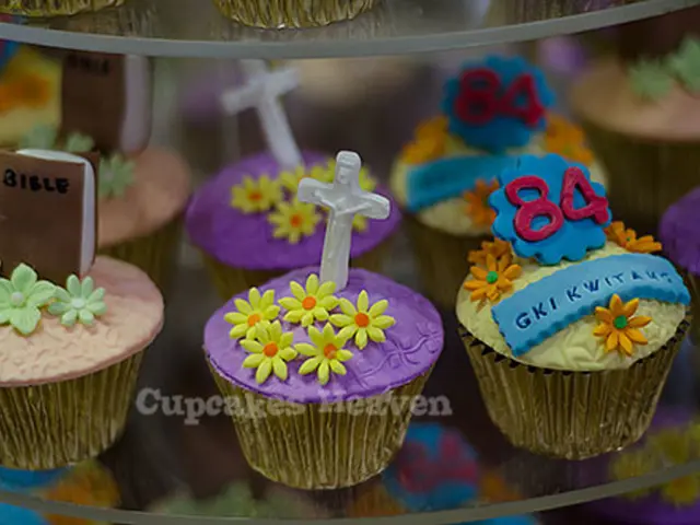 In this image, we can see some cupcakes and there is a book on the cupcake and there is a holy...